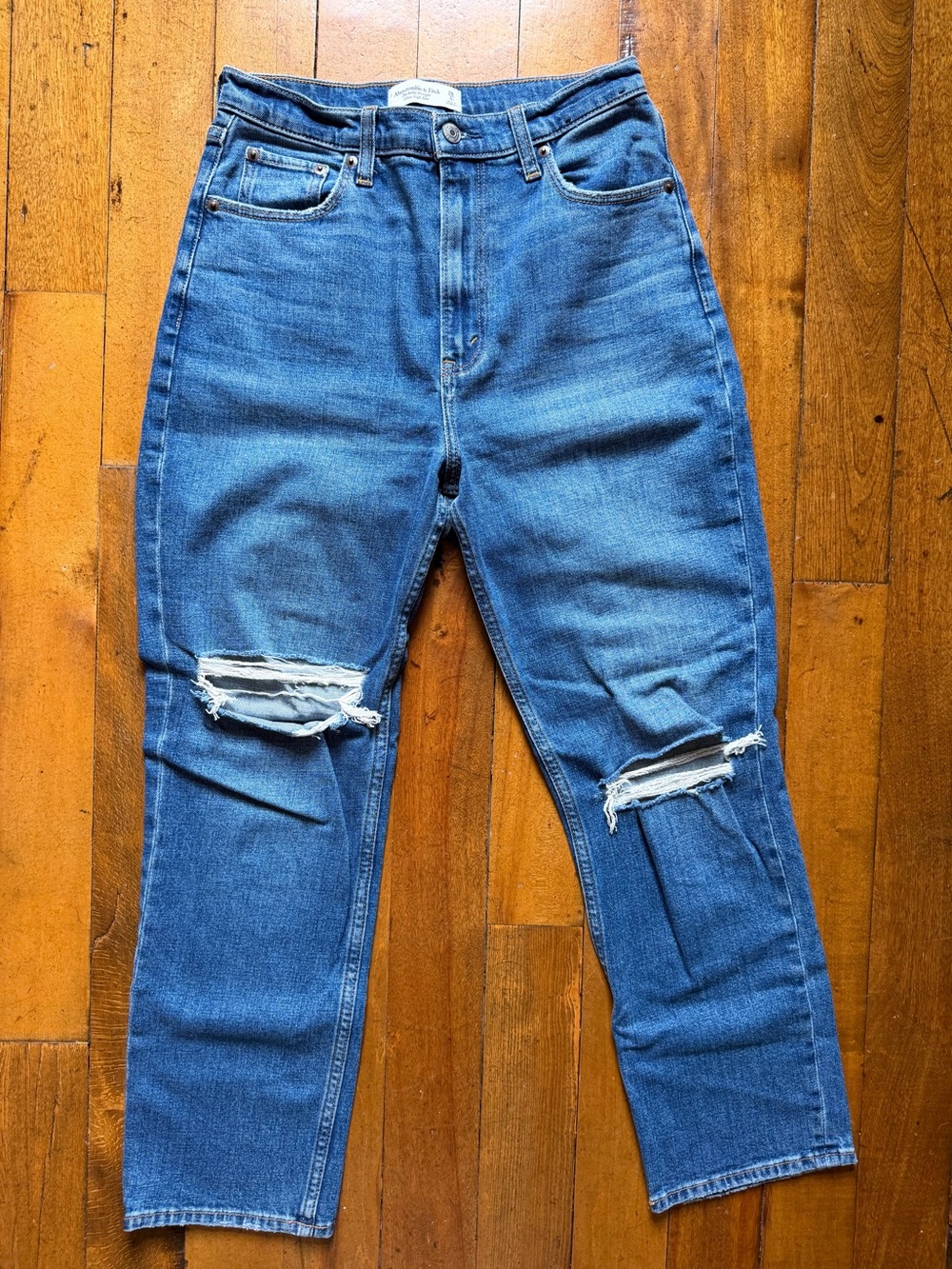 Abercrombie & Fitch Distressed Blue Ankle Straight Ultra High-Rise Jeans